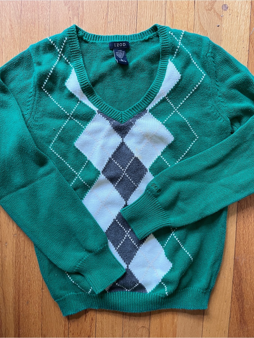 Izod Preppy Y2K Green Argyle V-Neck Sweater size S cotton Trendy